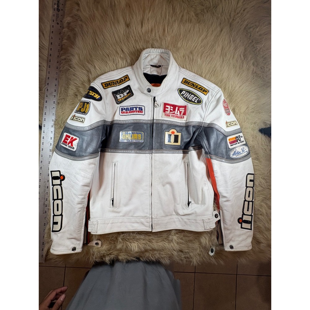 ICON Neo Daytona Leather Motorcycle Jacket Ducati Racing White Gray Size 46